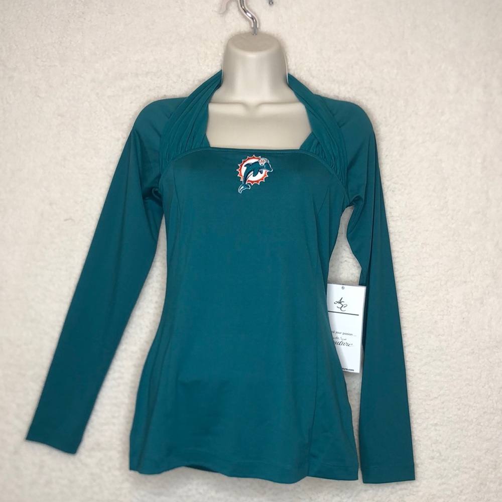 NWT All Sport Couture Miami Dolphins Long Sleeve Top with Mesh Collar SMALL